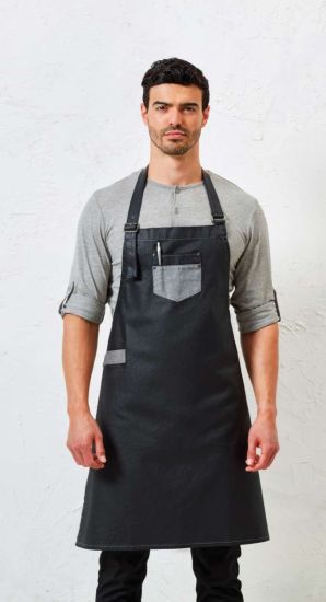 Premier ’DIVISION’ WAXED LOOK DENIM BIB APRON WITH FAUX LEATHER